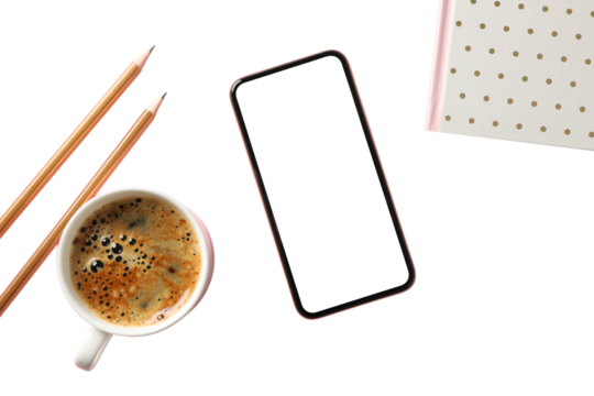 Coffee, phone, and pencils for focus, isolated on white, PNG