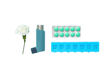 Health items: inhaler, pills, flower, isolated on white, PNG