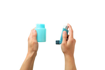 Person with inhaler and meds, isolated on white, PNG