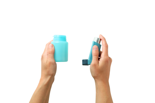 Person with inhaler and meds, isolated on white, PNG