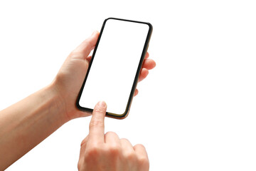 User interacts with a smartphone's touchscreen, isolated on white, PNG