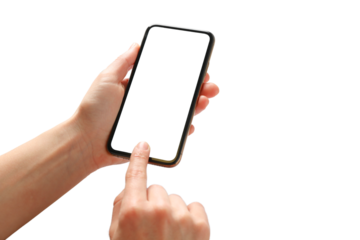 User interacts with a smartphone's touchscreen, isolated on white, PNG