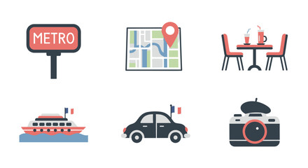 Paris travel guide icons set featuring metro sign map cafe car boat and camera for tourism and vacation planning