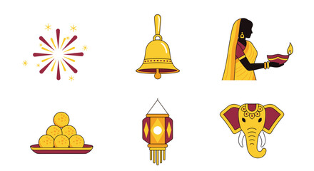 Diwali festival vector illustration with diya, sweets, bell, fireworks, elephant and lantern design