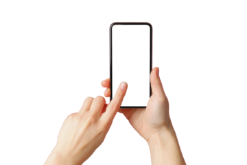 Hands navigate a blank smartphone screen, isolated on white, PNG