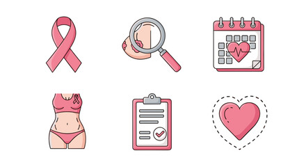 Breast cancer awareness month illustration featuring ribbon breast exam calendar and health check up icons set design