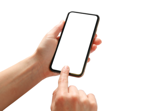 User interacts with a smartphone's touchscreen, isolated on white, PNG
