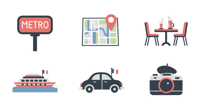 Paris travel guide icons set featuring metro sign map cafe car boat and camera for tourism and vacation planning