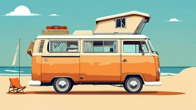 Digital nomad working outside vintage camper van embodies mobile van life. Concept Vintage Camper Van, Remote Work, Digital Nomad,