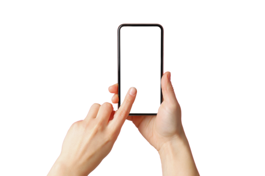 Hands navigate a blank smartphone screen, isolated on white, PNG