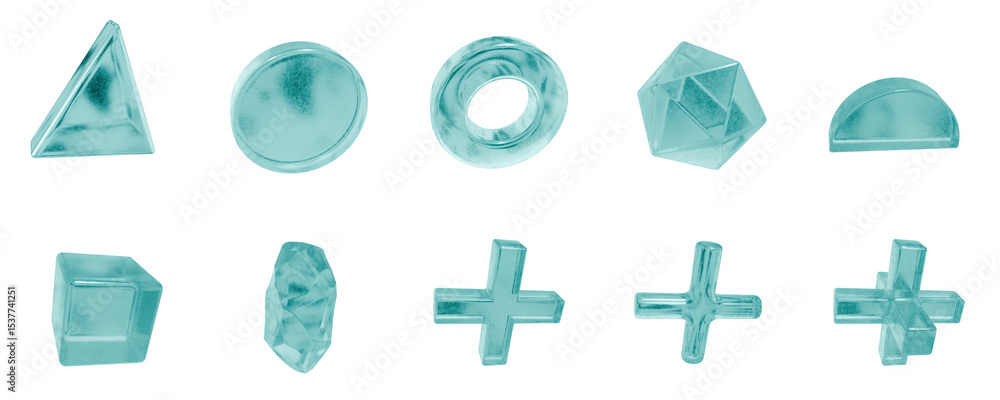 Poster set of 3d objects blue frosted ice isolated on a transparent background. object index from 1 to 10. 