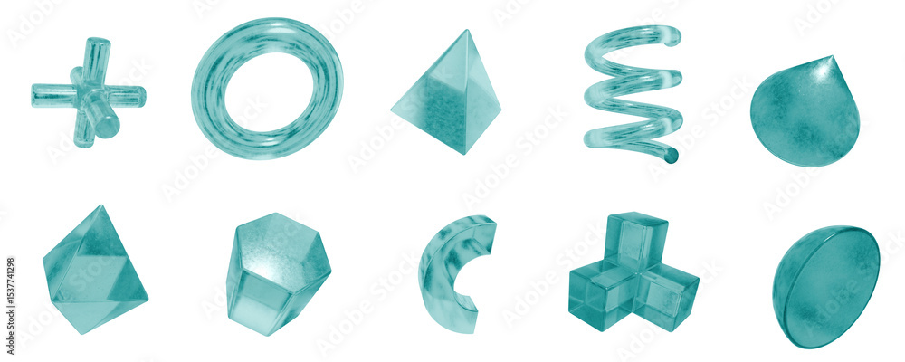 Poster set of 3d objects blue frosted ice isolated on a transparent background. object index from 11 to 20.