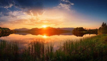Fototapeta premium sunset on the lake panorama natural background