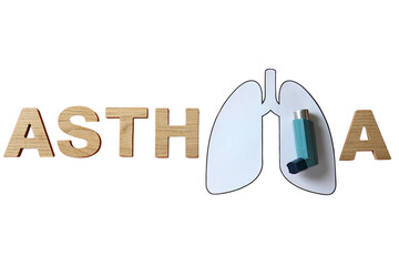 Focused display of asthma letters and inhaler, isolated on white, PNG