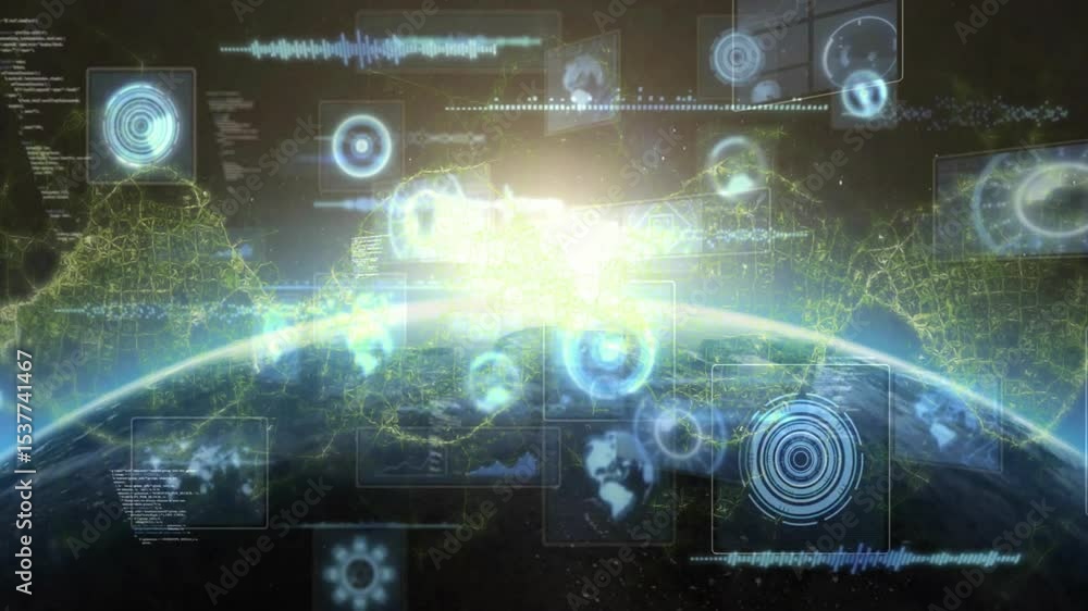 Poster Stylized globe appearing rotating emitting sunrise and forming pulsing HUD panels for data insights
