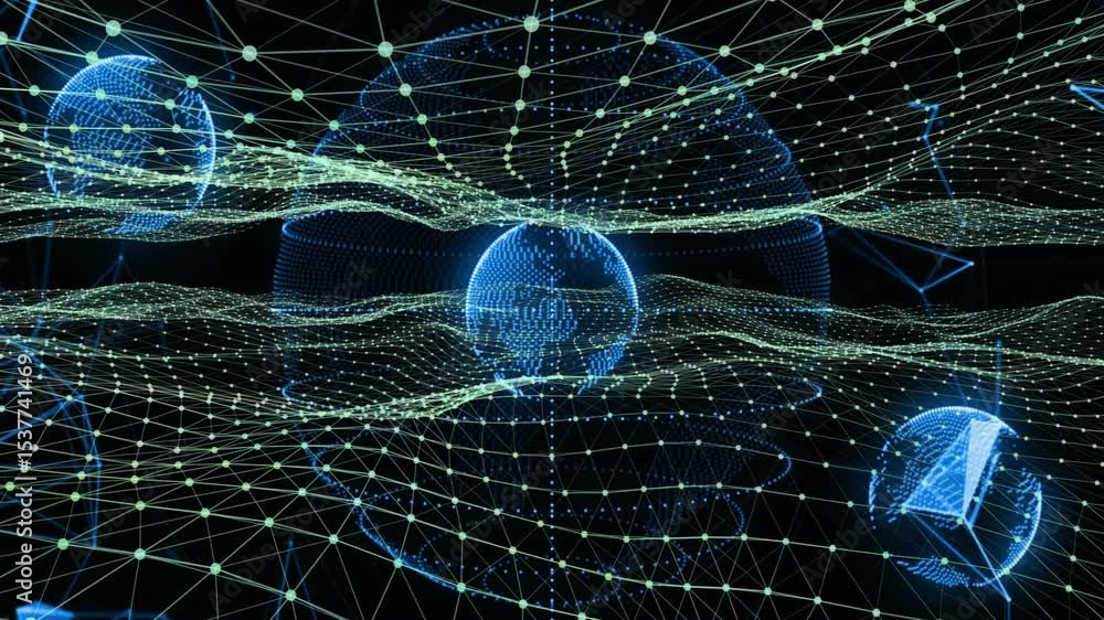 Poster on start central sphere hovering above mesh wave undulating and drifting sphere showing data flow