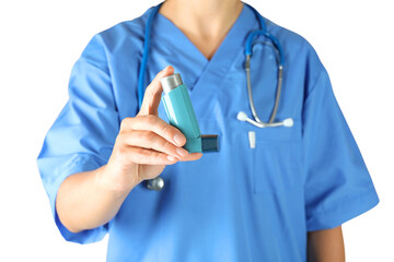 Medical expert demonstrates use of inhaler, isolated on white, PNG