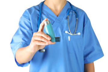 Medical expert demonstrates use of inhaler, isolated on white, PNG