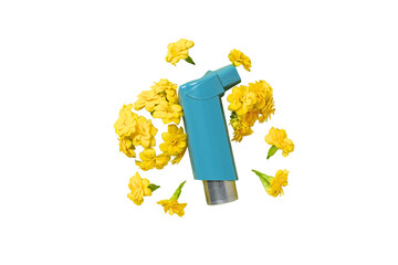 Inhaler among bright yellow flowers, isolated on white, PNG