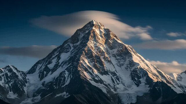 Snowy Mountain Peak Under Blue Sky With Cloud Formations Bathed In Golden Light