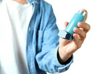Proper inhaler use demonstrated, isolated on white, PNG