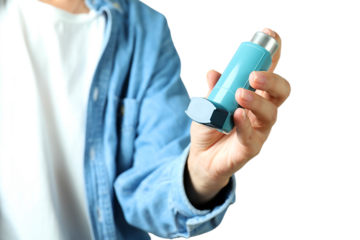 Proper inhaler use demonstrated, isolated on white, PNG