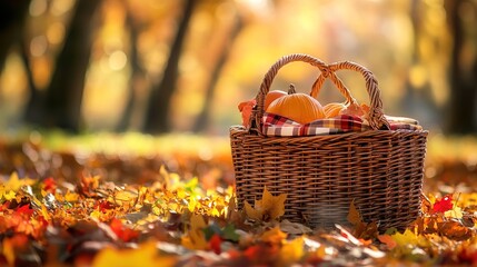 picnic basket with autumn leaves