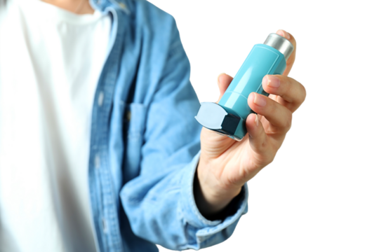 Proper inhaler use demonstrated, isolated on white, PNG