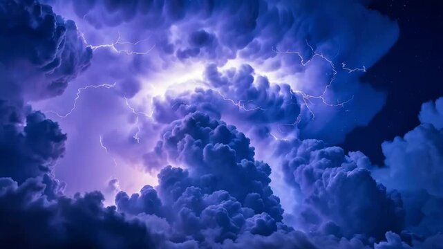 Dunkle Gewitterwolken, Lila Blitze im Himmel, Nacht Gewitter, Lila Wolken, Blaue Wolken, Dunkler Nachthimmel mit Blitz und Donner, Blaue Blitze und Plasma in der Luft, Aufgeladene Wolken, Sterne.