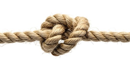 A single sturdy rope tied in a tight knot against a plain white backdrop, a metaphor for strength, unity, and difficult situations.