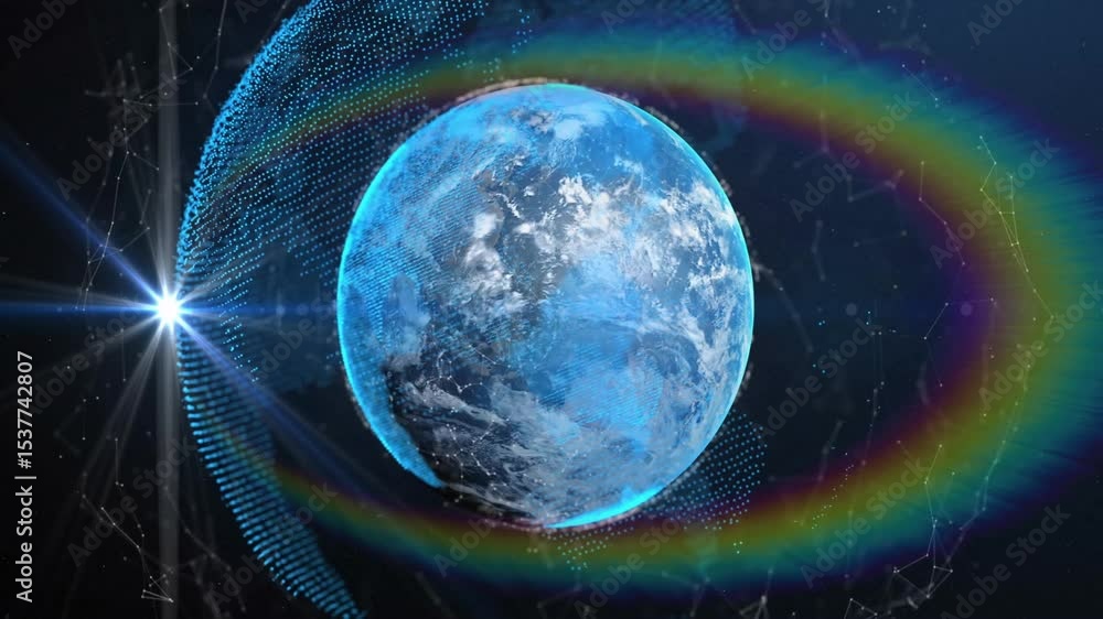 Poster opening void, 3d globe fading in wireframe rising flare bursting halo orbiting visualizing network