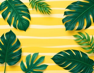 high quality, minimal scene with simplified tropical leaves on a background of yellow and green stripes, clean composition.