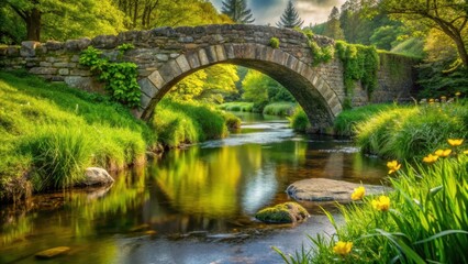 Serene Stone Arch Bridge Spanning a Tranquil Stream in a Lush Green Landscape