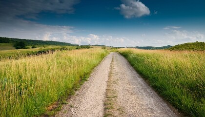 Obraz premium gravel road leading through tall wild grassy fields