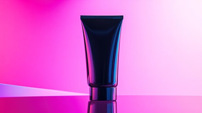 Black cosmetic tube on pink background, beauty product packaging