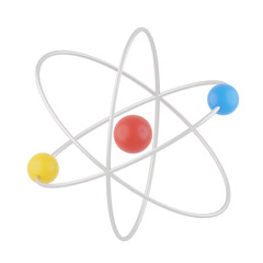 A stylized illustration of an atom, with colored orbiting electrons.
