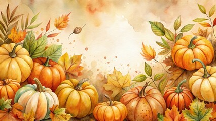 Autumnal Harvest A Watercolor Depiction of Pumpkins and Fall Foliage, Featuring Vibrant Colors and Lush Botanical Details