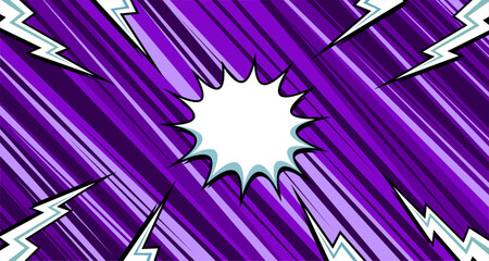 Comic book line effect template with blank purple background, vector illustration