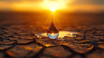 A single drop of water resting on the parched earth at sunset