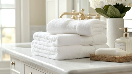 Stack of fluffy white bath towels on a marble bathroom counter next to soap and flowers.