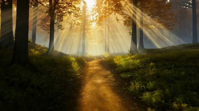 Walk throughmystical forest path sunset wheresingle dirt trail illuminated golden light setting sun creating ethereal atmosphere rays pierce canopy tree gold ray magical aethereal