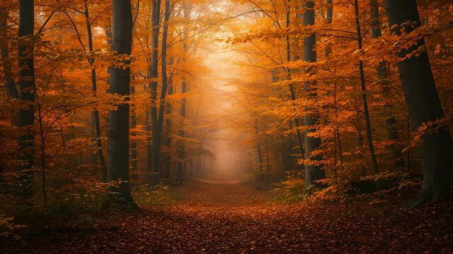 Tranquil Autumn Forest Scene with Orange Foliage Fallen Leaves and Soft Light Illuminating Misty Path