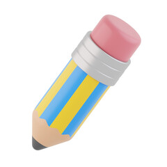 A 3D rendering of a pencil with yellow and blue stripes and a pink eraser.
