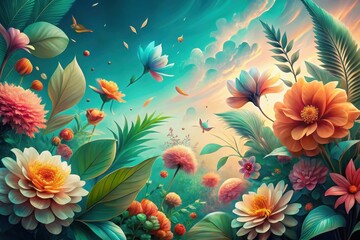 Whimsical Garden Bloom A Serene Tapestry of Vivid Flowers and Lush Foliage Under a Dreamlike Sky
