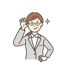 眼鏡を上げてニヤリと笑い自信を見せる若いスーツを着た女性