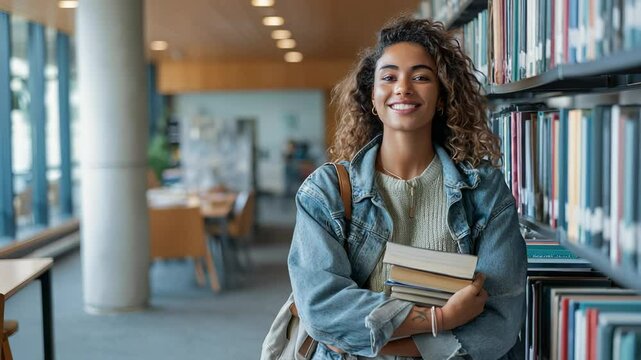 Happy mixed race female university student carrying books and smiling brightly in a library, enjoying her educational journey and embracing the joy of learning new concepts