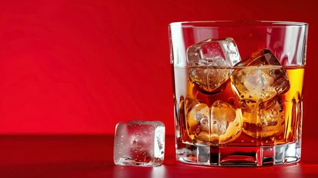 Glass of whiskey with ice cubes sparkling on red background.