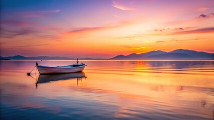 Serene Sunset Landscape Featuring a Small Boat Gently Rocking on Calm Water