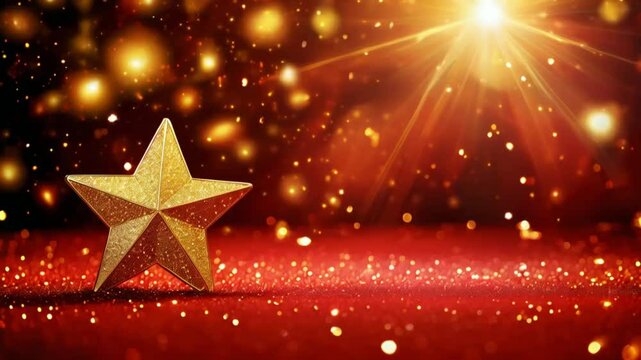 Golden star and glitter light on the red stage, award ceremony concept background.