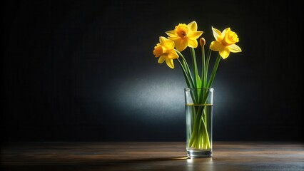 Fototapeta premium A captivating still life featuring vibrant yellow daffodils arranged in a clear glass vase, set against a dramatic dark background, illuminating the beauty of spring blossoms on a wooden surface.